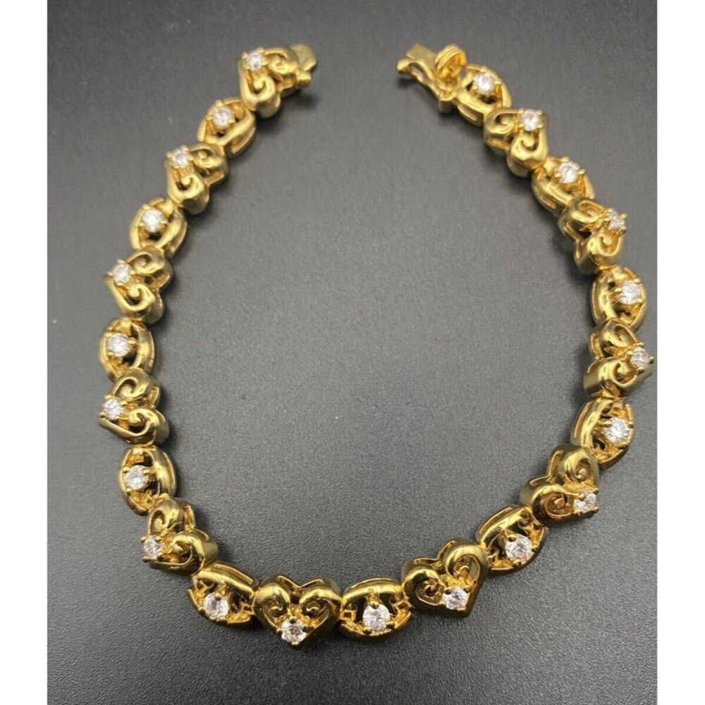 Yellow Gold Plated Bracelet Heart Oval Link CZ Tennis 7" Safety Clasp Romantic